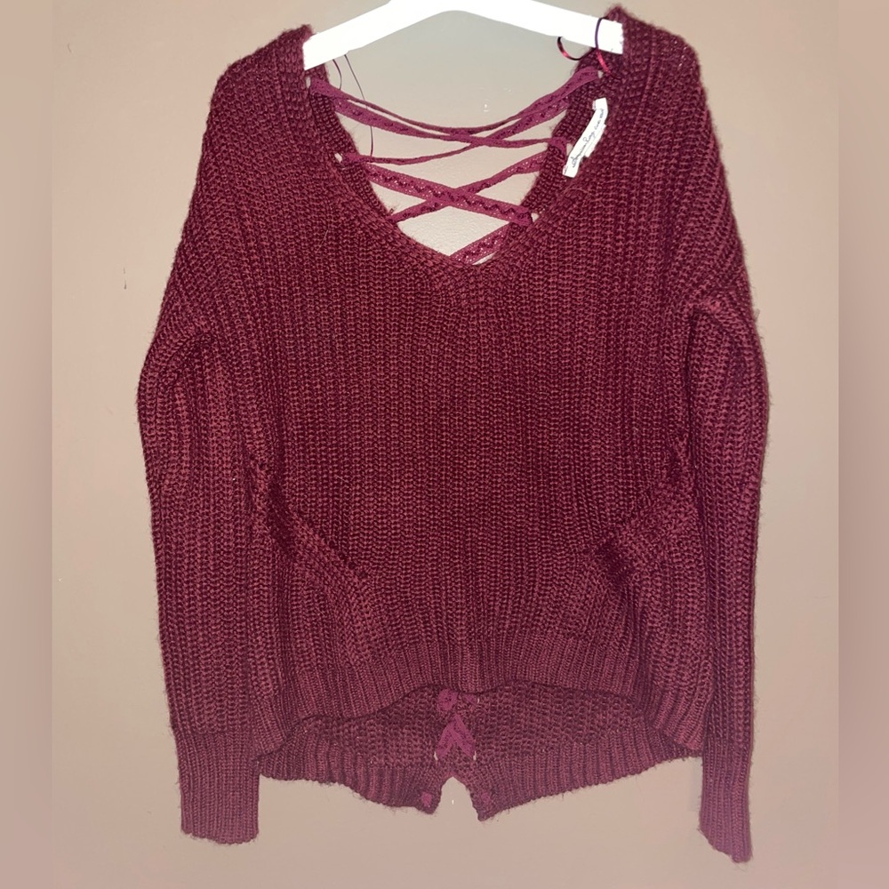 American Rag Cie Burgundy Knit Lace-Up Pullover Chunky Sweater Women’s XS